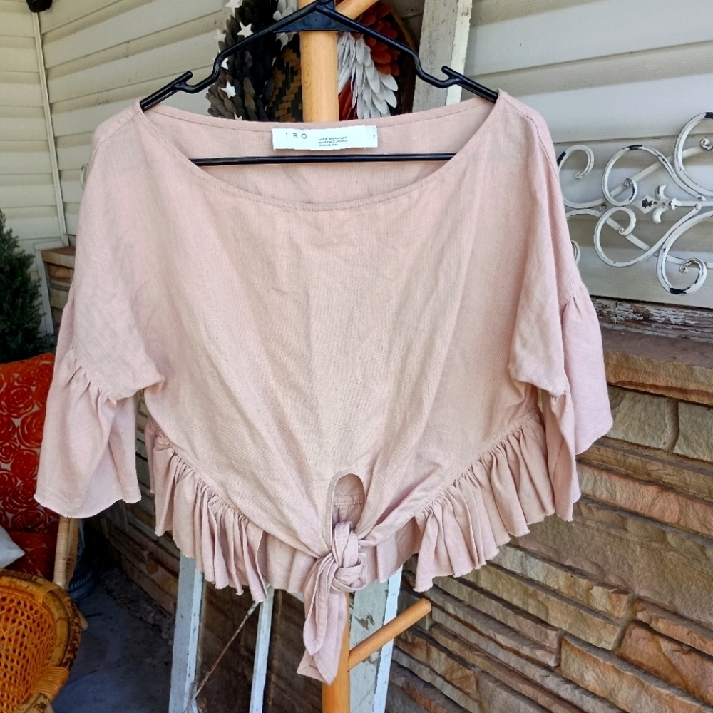 IRO Blush Pink/Beige Ruffled Tie-Front Linen And Cotton Blouse_34 - Picture 3 of 8